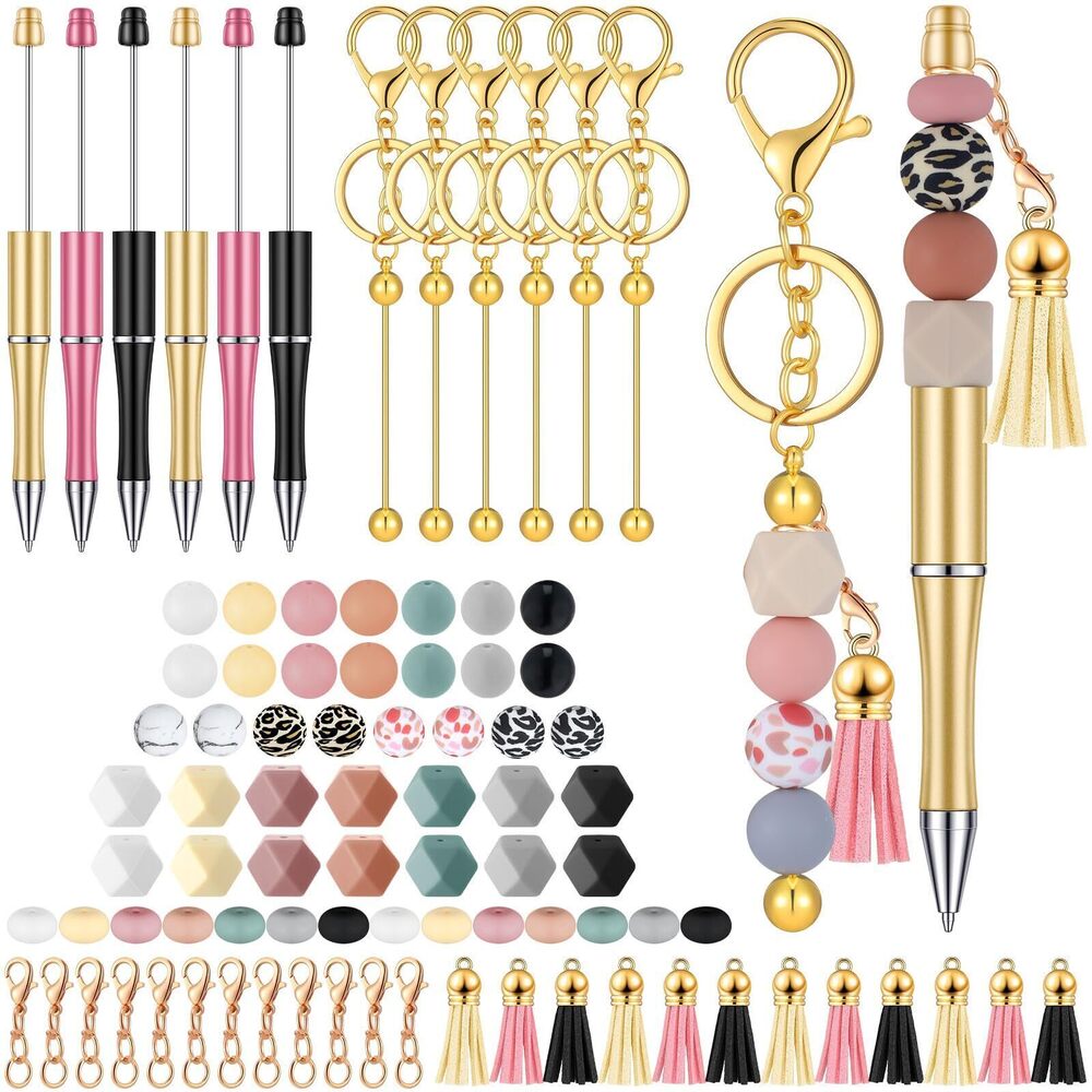 5265 12 Pcs Beadable Pens and Beadable Keychain Bars with Colorful Beads